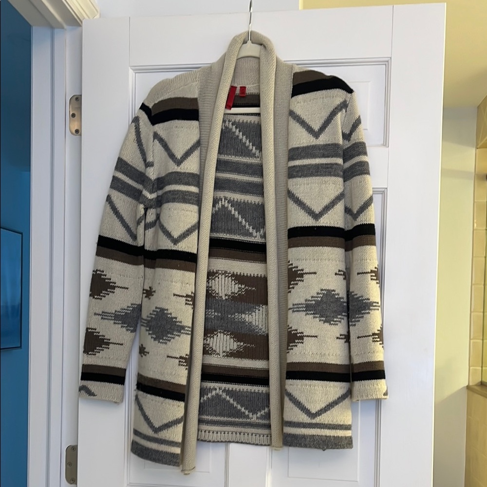 Cream and Black Cardigan Sweater with Geometric Pattern